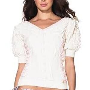 Agua Bendita Bendito Flor Sweater Woman's‎ Small Cream Pink Puff Sleeve